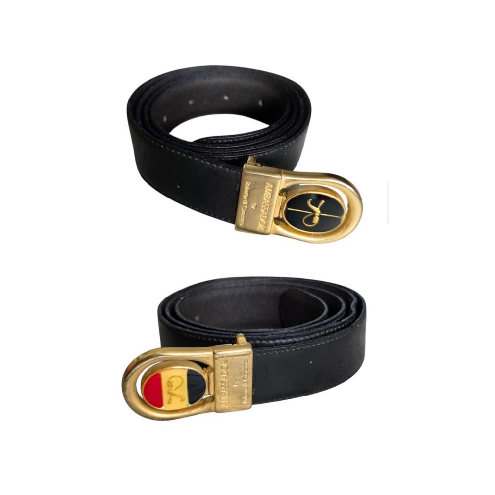 Vintage Roberta di Camerino Leather Belt Gold Enamel Buckle Italy 80s 44" Luxury